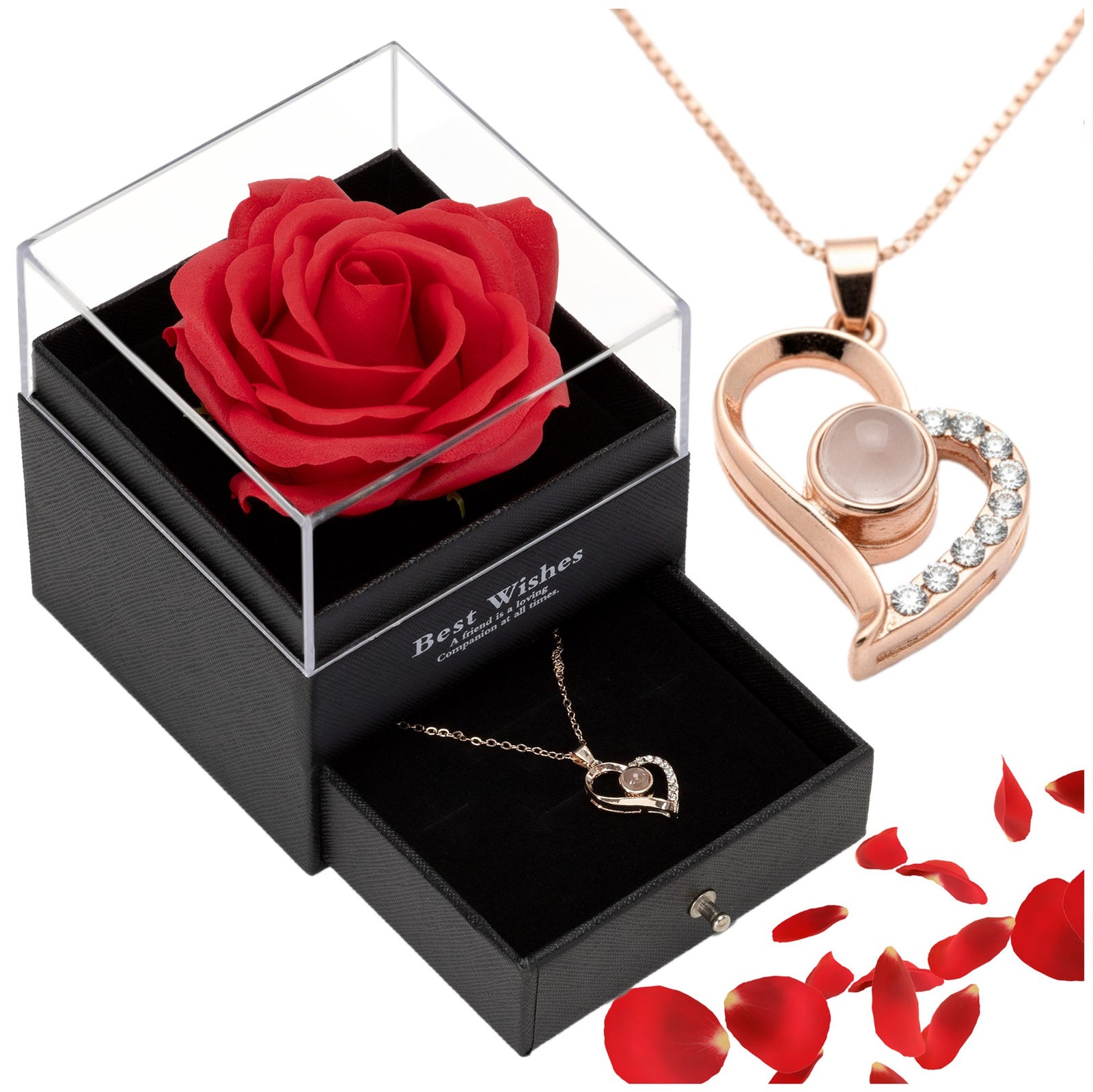 Wieczna Róża + Naszyjnik „Kocham Cię” (100 języków)